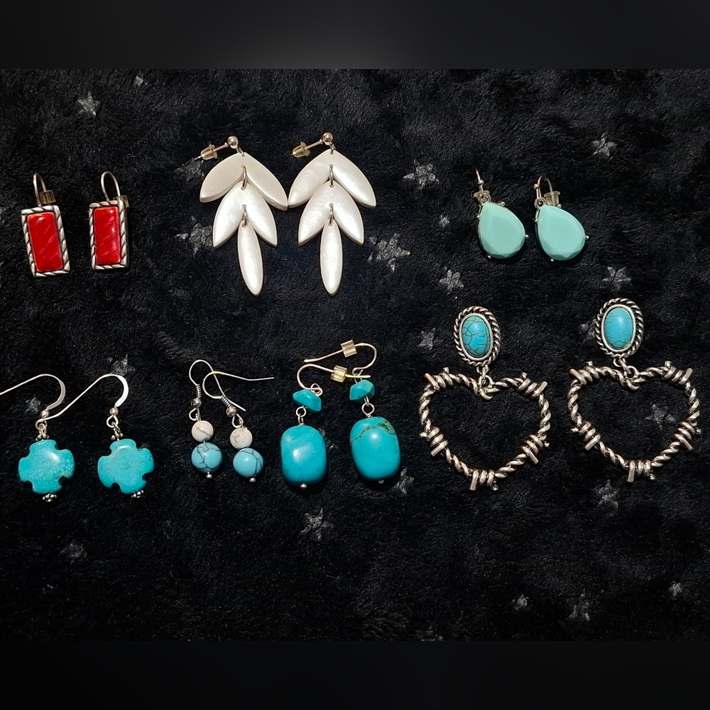 🪶Bundle Native Western Turquoise Barbed Wire Red Coral White Leather Earrings